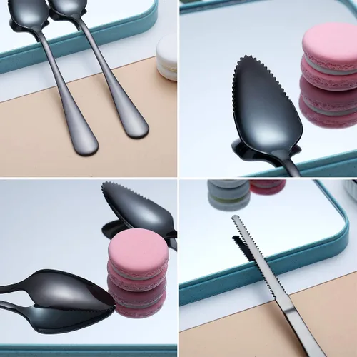 Vista 4 de Juego de 3 cucharas de pomelo negro, 2 cucharas de toronja de acero inoxidable y 1 cuchillo de toronja con chapado de titanio, juego de utensilios