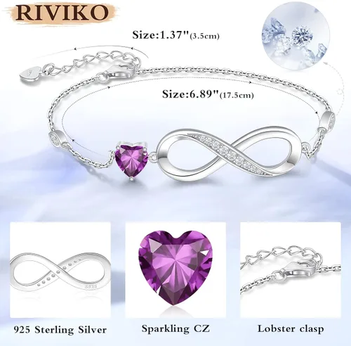 Vista 5 de RIVIKO Pulsera con dije de símbolo de corazón de amor infinito para mujer, plata de ley 925, ajustable, cumpleaños, Navidad, día de San Valentín