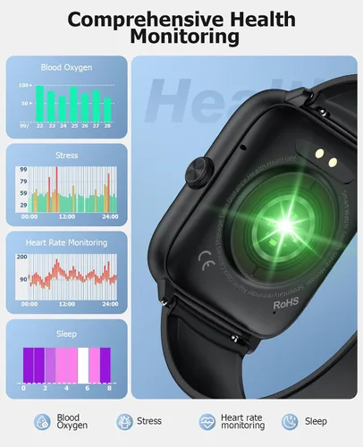 Vista 4 de Black Smart Watch for Men Women, Bluetooth Call, 2.06" HD AMOLED Fitness Tracker, 118 Sports Modes, Blood Pressure/Heart Rate/SpO2/Sleep Monitor