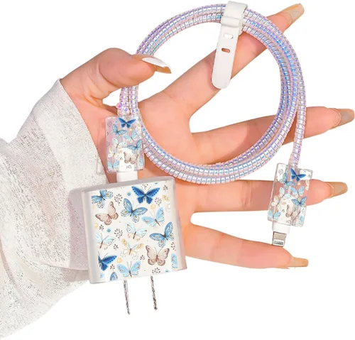 Vista 11 de Bonito protector de cable para cargador de Apple, bonito diseño de flores y mariposas, cable de datos USB, protector de cargador de teléfono