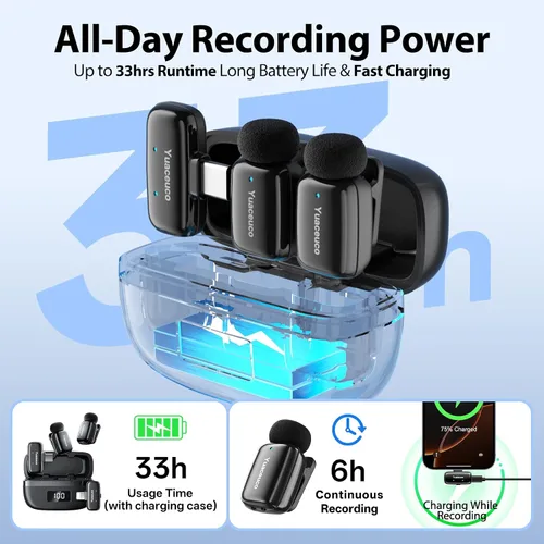Vista 11 de Mini micrófono inalámbrico Lavalier para iPhone, iPad, Android, reducción de ruido y silencio, funda de carga de 33 horas, cambiador de voz AI
