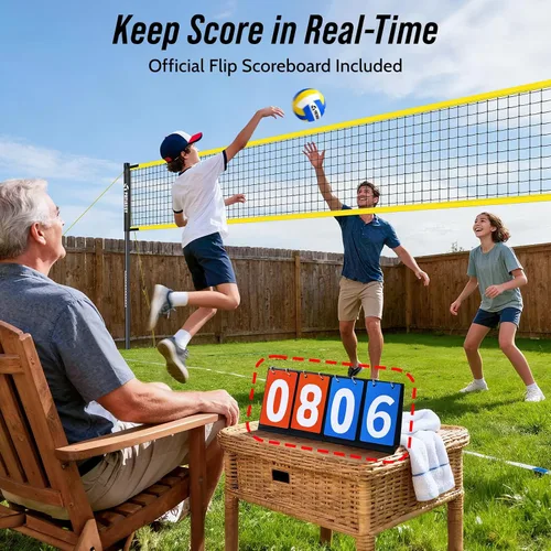 Vista 7 de Portable Volleyball Net Set for Backyard & Beach, Adjustable Width (32/26/20FT) & Height, Anti-Sag Tension Design, Metal Stakes for Outdoor