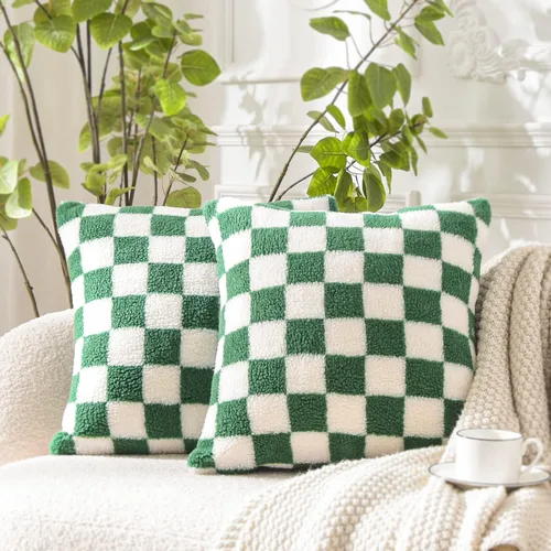 Vista 10 de WACOMECO Fundas de almohada decorativas – Fundas de cojín suaves de Sherpa de piel sintética a cuadros para sofá, dormitorio, sala de estar