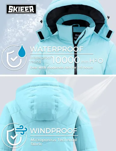Vista 4 de Skieer Chaqueta de esquí impermeable para mujer, abrigo de invierno cálido para nieve, resistente al viento, con capucha