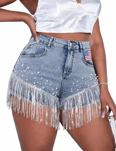 Vista 9 de LifeShe Pantalones cortos de mezclilla para mujer con cuentas de perlas de diamantes de imitación