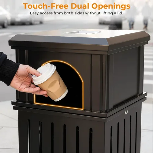 Vista 4 de BEAMNOVA Cubo de basura negro para exteriores, bandeja superior de acero inoxidable con tapa de bloqueo, contenedor de basura industrial resistente