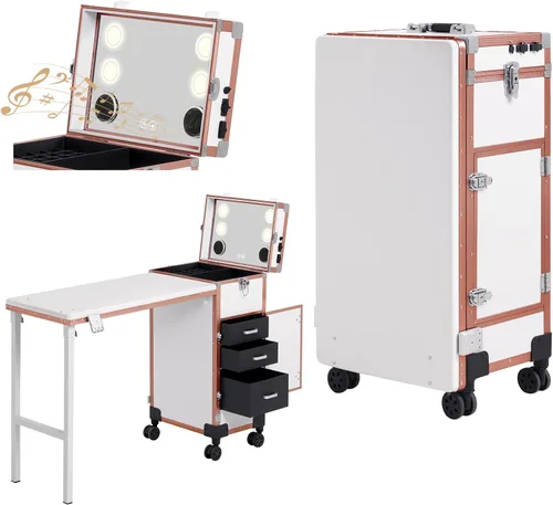 Vista 9 de Mesa de manicura portátil rodante con 3 cajones, estuche de maquillaje con cerradura con espejo y organizador de esmalte de uñas, escritorio de uñas