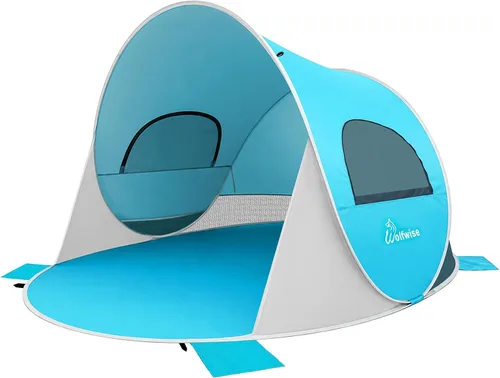 Vista 17 de WolfWise carpa para playa desplegable fácil de armar con FPS 50+, brinda sombra y protección al instante Azul