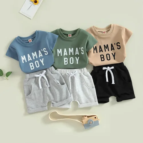 Vista 21 de Conjunto de traje de verano para bebé niño pequeño, manga corta, cuello redondo, letras impresas, lindo traje de verano, conjunto de 2 piezas