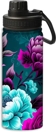 Vista 19 de Botella de agua aislada de acero inoxidable de doble pared con diseño de peonía roja y flor de peonía y pájaro de 18 onzas, botella de agua que