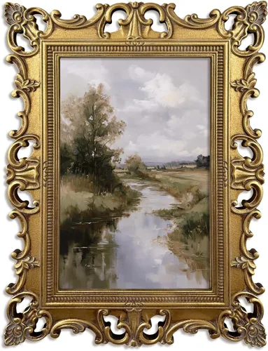 Vista 14 de XIAOAIKA Arte de pared de paisaje de granero blanco acabado a mano, impresión de escena de granja vintage con marco barroco dorado envejecido