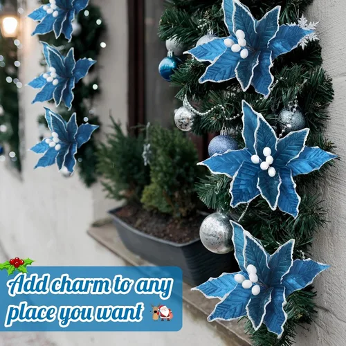 Vista 6 de Zeyune 6 Piezas Flores de Pascua Azules de Navidad Artificiales Grandes Espinas de Pascua Falsas Flores de Franela con Borde Helado para Adornos