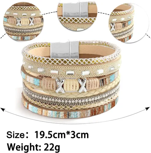Vista 7 de Fesciory - Pulsera de leopardo para mujer, estilo bohemio de cuero multicapa con perlas de cristal