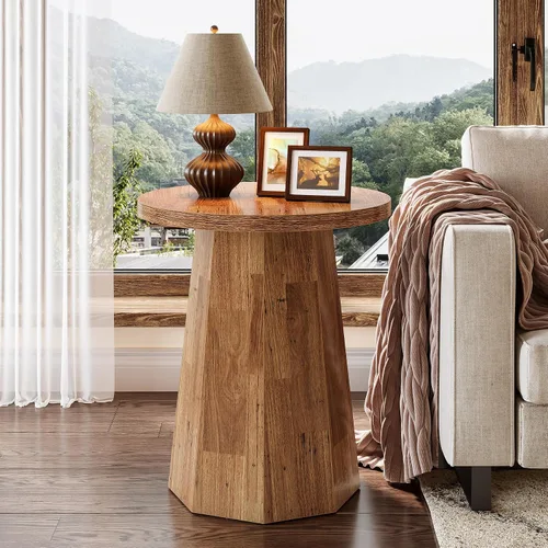 Vista 13 de Tribesigns Mesa Auxiliar Redonda de Estilo Rústico, Mesa Lateral de Madera para Sofá con Base Octagonal, Mesita de Noche Negra con Pedestal, Mueble