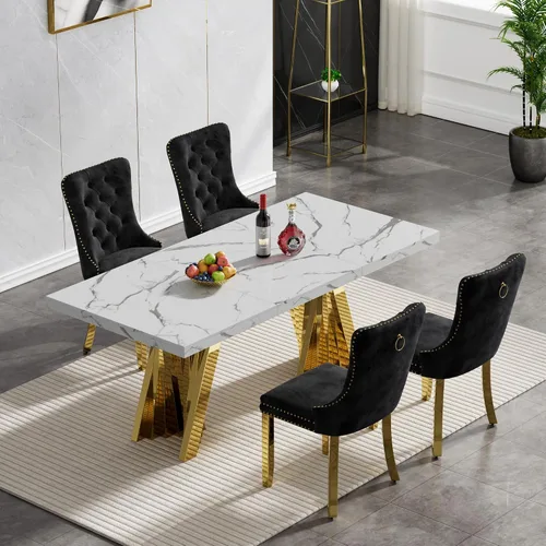Vista 74 de Juego de 5 mesas de comedor, juego de mesa de cocina y comedor para 4, mesa de comedor rectangular de mármol sintético negro de 70 pulgadas con base