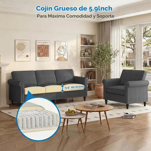 Vista 6 de Mjkone Juego de 2 Piezas para Sala de Estar, Sofá Seccional, Juego de Sofá y Silla, Sofá Moderno de Lino con Marco de Madera y Patas