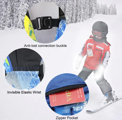 Vista 5 de 7-mi Guantes de invierno para niños, guantes de nieve para niños, snowboard, impermeables, forrados, de cuero, para niños y niñas