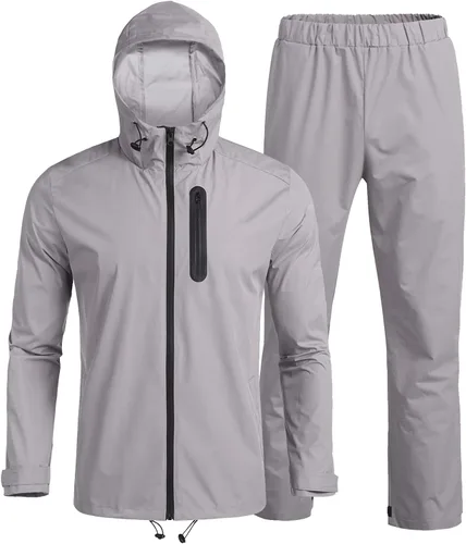 Vista 2 de COOFANDY Traje de lluvia impermeable para hombre con capucha, 2 piezas, ligera, pesca, campamento, chaqueta de lluvia