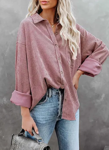 Vista 5 de Chaqueta de pana con botones para mujer, estilo casual, manga larga, blusas de gran