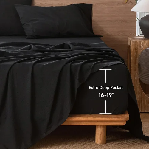 Vista 3 de MooMee Sábana bajera ajustable únicamente, 100% algodón lavado con textura tipo lino, transpirable, duradera, suave, cómoda, bolsillo profundo, se