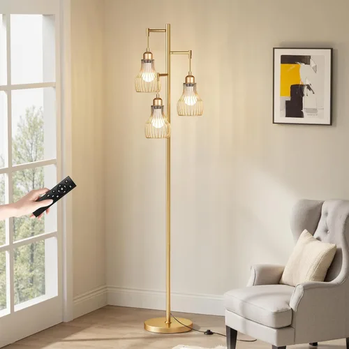 Vista 8 de Ziisee Lámparas de pie regulables para sala de estar, lámparas altas de pie industriales con forma de árbol con 3 elegantes pantallas de jaula