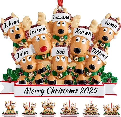 Vista 11 de Adorno personalizado de ciervo para árbol de Navidad, familia de 2,3,4,5,6,7,8 nombres, lindo reno de Papá Noel, decoración de Navidad 2025, regalo