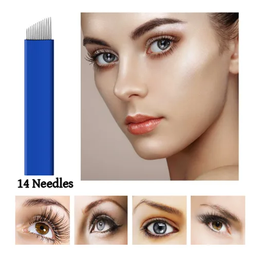 Vista 3 de Xiaoyu 50 agujas de microblading, agujas de tatuaje, plumas de microblading agujas de tatuaje de cejas, azul, 14 pines