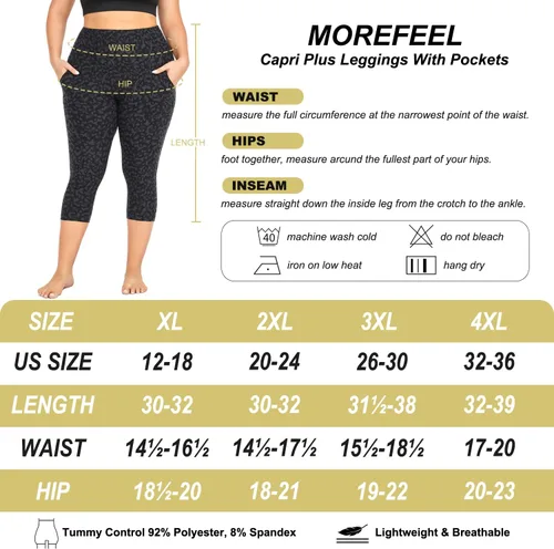 Vista 6 de MOREFEEL Leggings capri de talla grande para mujer con bolsillos, elásticos XL-4XL, control de abdomen, cintura alta, pantalones de yoga negros