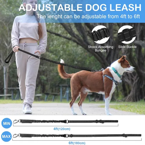 Vista 4 de Correa de perro resistente para perros medianos y grandes, correa táctica de absorción de golpes de 4 a 6 pies con mango acolchado de control y Negro