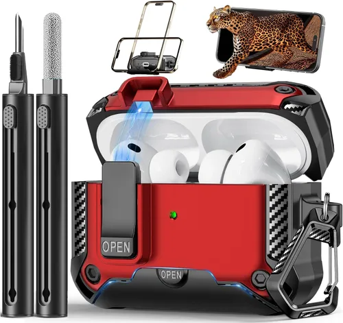 Vista 18 de Funda para AirPods Pro de 2ª Generación con Soporte para Teléfono, Protección Completa contra Caídas con Diseño de Interruptor Automático a Presión