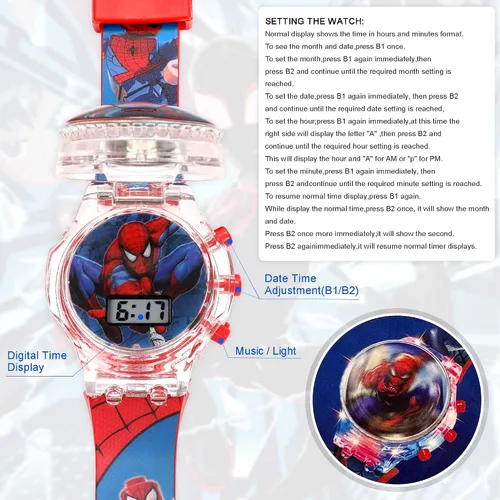 Vista 7 de Tawekel Spider-Man - Reloj de música luminoso, esfera giratoria, reloj digital de dibujos animados, regalo de San Valentín para niños y niñas