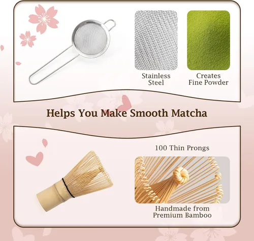Vista 6 de Juego de batidor de matcha Cherry Blossom de 7 piezas con cuenco de matcha Cereza