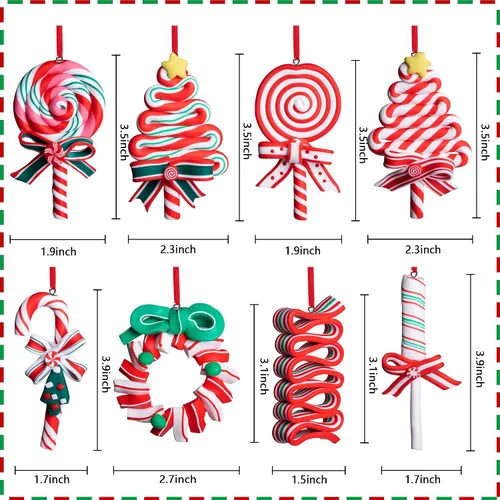 Vista 2 de codree 8 piezas Adornos colgantes de piruleta de Navidad - Adornos de caramelo para árbol de Navidad - Adorno de arcilla polimérica de caramelo