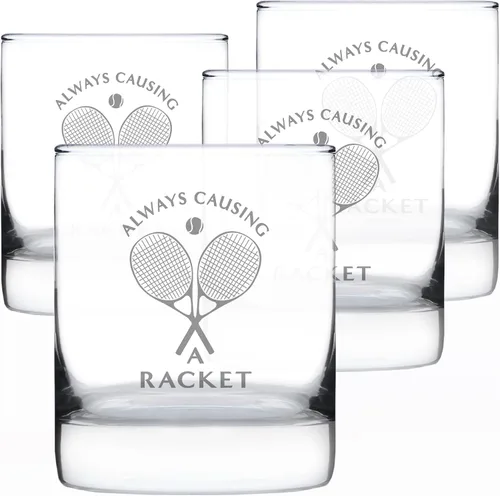 Vista 7 de Custom Causing A Racket – Vidrio de rocas de whisky personalizado – Decoración divertida temática de tenis y regalos – Vasos de 10.25 onzas