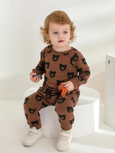 Vista 3 de Ropa de bebé niño niño manga larga con estampado de oso + pantalones deportivos