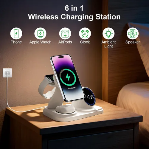 Vista 3 de Estación de carga inalámbrica 6 en 1 con función de altavoz Bluetooth, soporte de carga para múltiples dispositivos para Apple iPhone 17 16 15 14 13