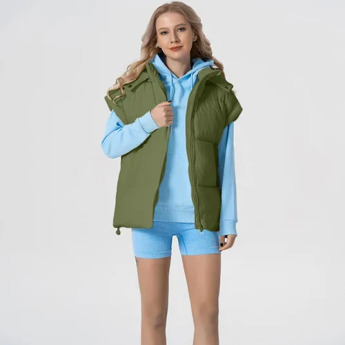 Vista 21 de Shiyifa Chaleco acolchado para mujer, chaqueta de gran tamaño, sin mangas, ligera, con cremallera, con capucha desmontable