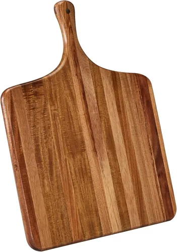 Vista 12 de Tabla de cortar redonda de madera de acacia con asa - Tabla de charcutería de madera, tabla de cortar y servir versátil para pizza, pan, queso
