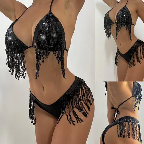 Vista 5 de ZGMYC Traje de baño de 3 piezas holográfico con estampado de piel de serpiente triangular con corte sexy y tiras cruzadas