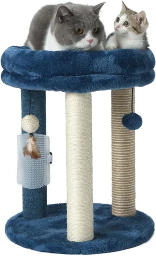 Vista 11 de MECOOL Árbol pequeño para gatos 4en1, poste rascador con torre, cama suave, alfombra de sisal, postes de yute con tres juguetes de bola colgante