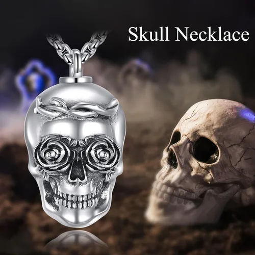 Vista 6 de AINFQY Collar de urna de calavera para cenizas S925 Sterling Sliver Urn Pendant Memorial Cremation Jewelry Skull Ashes Holder para hombres y mujeres