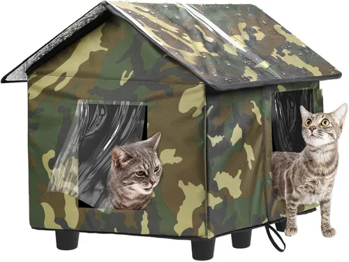 Vista 8 de Casa elevada aislada para gatos al aire libre resistente a la intemperie, 20 x 19 x 17 pulgadas, parte superior de PVC impermeable y forro