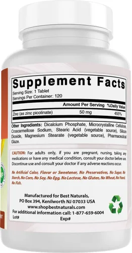 Vista 6 de Best Naturals Suplementos de zinc de 50 mg (como picolinato de zinc) – Vitaminas para adultos Apoyo inmunológico – 120 tabletas