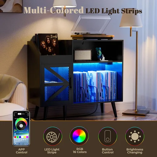 Vista 4 de Loomie Soporte grande para tocadiscos con toma de corriente y luz LED, gabinete de almacenamiento de discos de vinilo 350 con puerta magnética, mesa