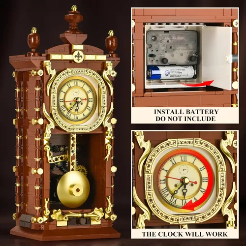 Vista 3 de Juego de construcción de reloj retro para adultos, modelo de reloj de péndulo vintage con engranajes giratorios, juguetes de bloques de construcción