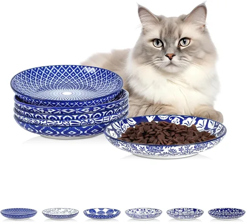 Vista 11 de Selamica Cuencos de cerámica para gatos, 6 pulgadas de ancho poco profundos para aliviar la fatiga de los bigotes, juego de 4, colores surtidos