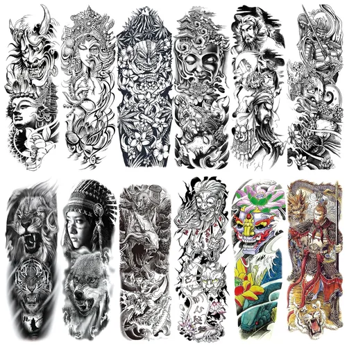 Vista 12 de Tatuaje temporal de brazo completo de Halloween para hombres y mujeres, 12 hojas de tatuajes temporales de manga de esqueleto de calavera, tatuajes