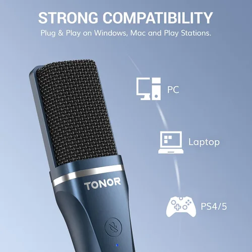 Vista 5 de TONOR TC-777 - Micrófono de podcast, micrófono de computadora USB, micrófono de condensador cardioide para PC con soporte de trípode y filtro pop