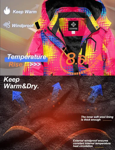Vista 5 de GEMYSE Chaqueta de esquí impermeable para niña, chaqueta de invierno a prueba de viento con capucha