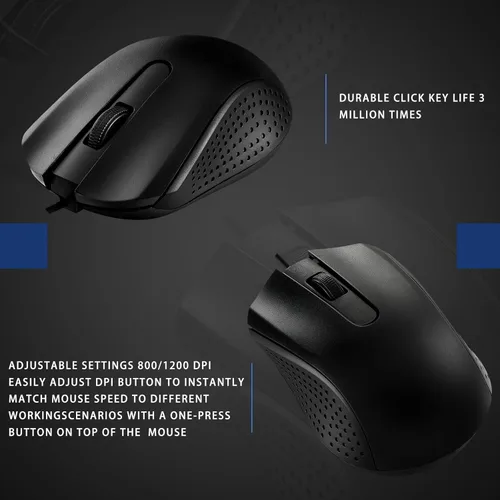 Vista 4 de Hoteam Ratón de computadora con cable, cable a granel, USB, mouse ergonómico con cable para PC, computadoras, portátiles, juegos, oficina, Negro
